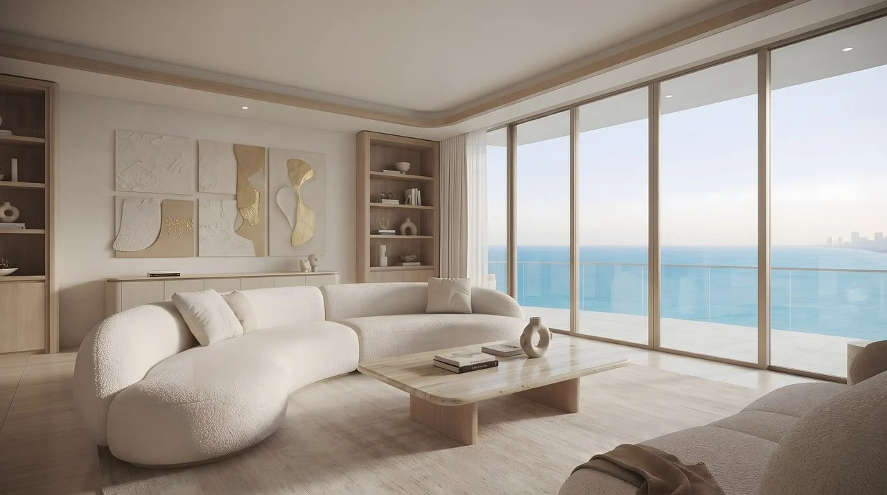 Intérieur lumineux et raffiné d’une location saisonnière avec vue sur la mer, en Vendée